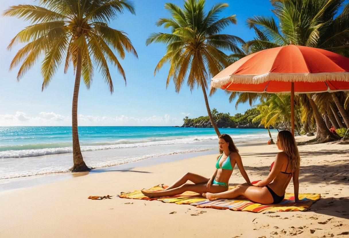 A stunning beach scene featuring diverse live models wearing the latest trendy bikinis, showcasing various styles and vibrant colors against a sunny backdrop. The models are engaged in playful beach activities, capturing the essence of summer fun and fashion. Add elements like palm trees, beach umbrellas, and surfboards to enhance the tropical vibe. The atmosphere should be lively and energetic, inviting viewers to dive into the latest trends. super-realistic. vibrant colors. sunny beach setting.